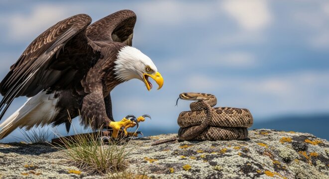 Bald eagle confronts coiled rattlesnake on rocky outcrop in daylight