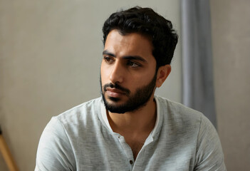 Obraz premium Young middle eastern man with a beard and dark hair looking away, thoughtful expression, casual attire, indoor setting