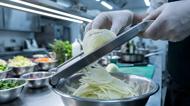 Professional chef hands in white gloves using a stainless steel mandoline slicer to thinly slice fresh fennel into a metal bowl in a clean commercial industrial restaurant kitchen during prep.