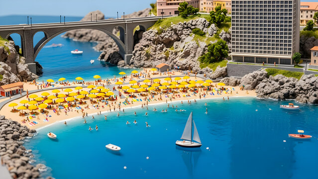 Miniature Tilt-Shift View of a Bustling Mediterranean Coastal Beach Resort Featuring a Scenic Bridge and Sunbathers Relaxing Under Yellow Parasols