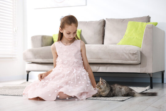 Little girl in dress with her cute cat on floor at home