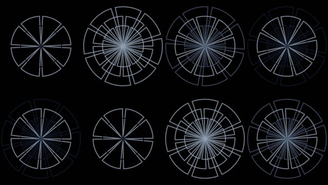 Futuristic HUD interface elements, set of 8 circular digital UI icons, glowing blue tech dashboard components on black background