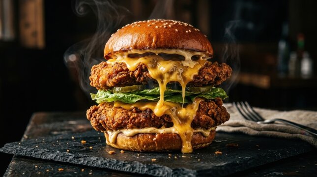 Delicious gourmet double crispy fried chicken burger with melted cheddar cheese, fresh lettuce, pickles, creamy sauce, and hot steam served on a dark slate board in a rustic restaurant background.
