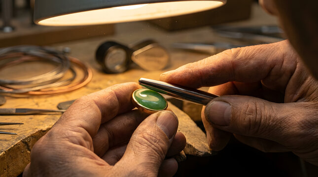 Skilled hands of a master jeweler setting a polished green jade cabochon gemstone into a gold ring at a professional wooden workbench using traditional tools under warm focused light.