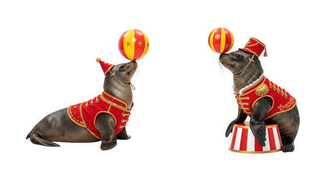 Two cute circus seals wearing red costumes balancing colorful balls on their noses isolated on transparent background