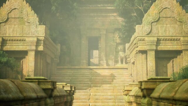 Misty stair ascent into temple interior with soft haze blurring distant carvings, flanking pillars casting long shadows, cool green tone from surrounding