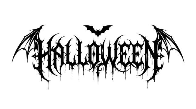 Halloween text design with gothic metal font style and bat wings isolated on a white background