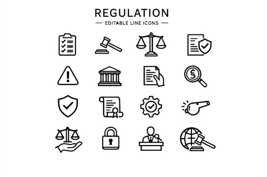Regulation and Compliance Line Editable Icon Set with Law, Audit and Governance Symbols