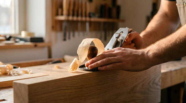 Close-up of craftsman hands using a manual wood plane tool on a timber plank in a sunlit woodworking workshop. Curly wood shavings and traditional hand tools create a professional artisan vibe.