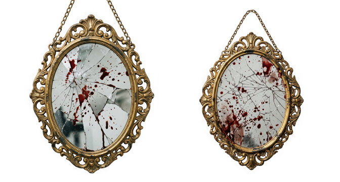 Two vintage ornate mirrors with cracked glass and blood splatters isolated on transparent background