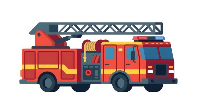 Flat vector illustration of a red fire truck with an extendable ladder and sirens. Perfect for emergency service and rescue themes.