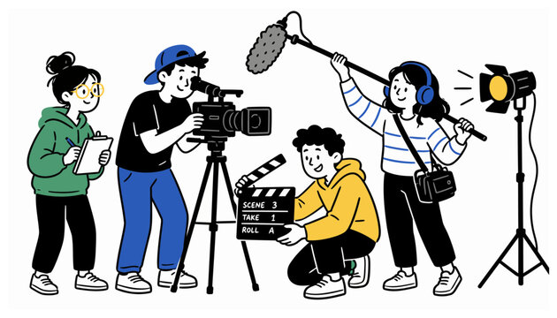 Film crew illustration in flat vector style. Group of director, cameraman, lighting technician, and script assistant. Clean editable vector graphics.