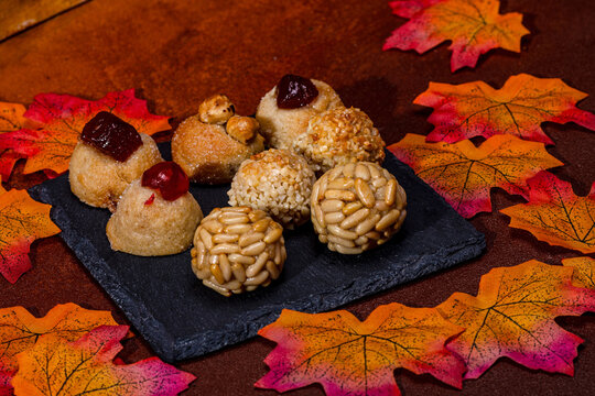Traditional panellets celebrating castanyada, catalan night of the dead