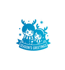 Blue silhouette winter holiday emblem featuring a cute romantic couple wearing reindeer antlers with a seasons greetings ribbon banner vector graphic design art © Mr. Akash