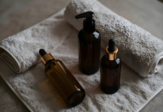 Amber glass cosmetic bottles with pump and dropper on a soft white towel, natural beauty and skincare product packaging