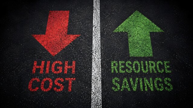 Resource savings and cost reduction strategy with green upward arrow opposing high cost red downward arrow on asphalt road