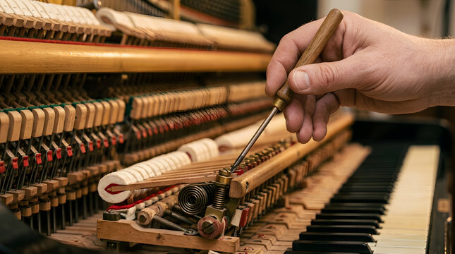 Detailed close-up of a professional piano technician's hand using a specialized tuning tool to repair and adjust the intricate internal wooden mechanism and felt hammers of an upright piano.