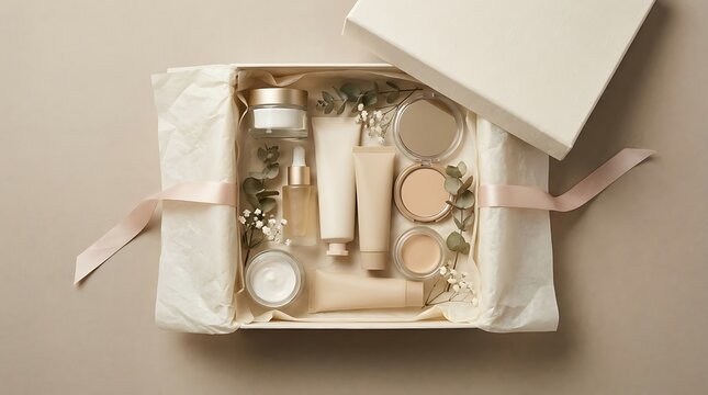Open gift box with natural organic skincare beauty products and green leaves on a grey background. limited edition beauty bundles
