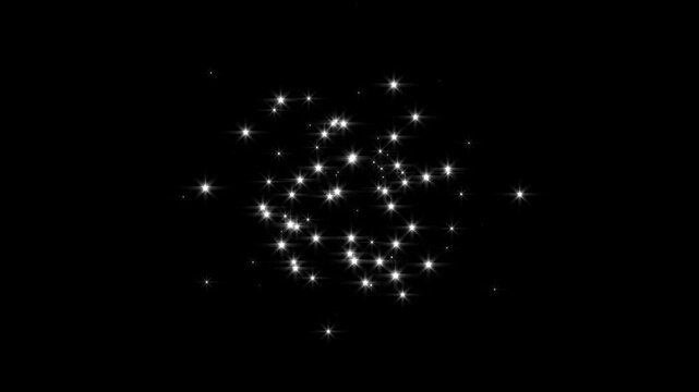 White stars and bokeh lights sparkle glittering burst effect, magic sparkles shiny stars glitter and particles falling and light flare black animation. 4k.