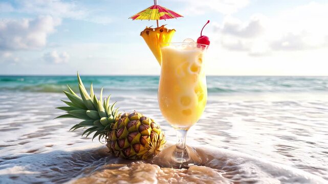 Tropical pina colada cocktail and whole pineapple on sandy beach. Refreshing summer drink by the ocean with gentle waves. Panning camera movement.