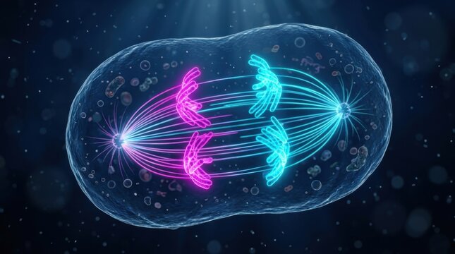 3D illustration of cell division showing cellular mitosis anaphase with glowing pink and blue chromosomes pulled by spindle fibers for genetics, biology, and medical science research visual