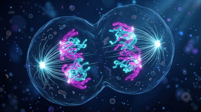 Scientific 3D rendering of cellular mitosis and cell division displaying glowing pink DNA chromosomes separating along microscopic spindle fibers during biological replication process.