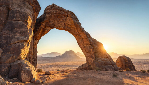 Natural stone archway in a desert landscape during golden hour sunrise with distant mountains landscape mountains formation outdoors wilderness adventure environment landform