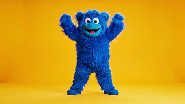 Happy Blue Monster Mascot Dancing Against Bright Yellow Background