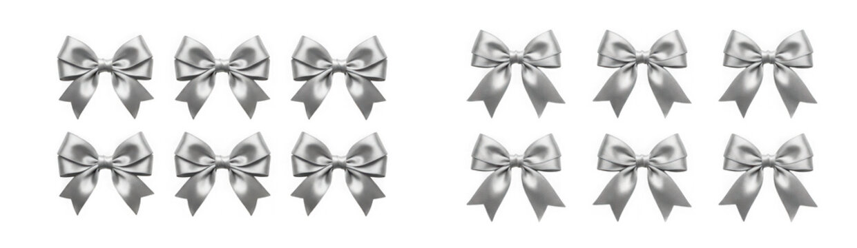 Collection of various silver decorative bows isolated on transparent background