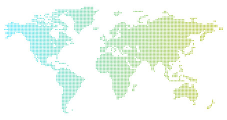 Fototapeta premium World Map Pixel Art: A stylized world map created from tiny pixels in a gradient of blue, green, and yellow, symbolizing global connection and information.