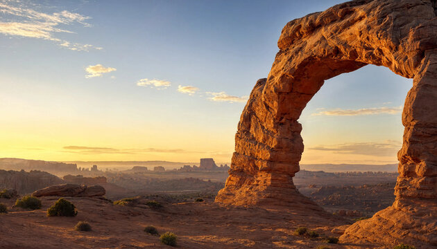 Golden hour light illuminates a massive sandstone arch in a desert canyon with distant mesas under a soft cloud sky rock formation landscape outdoors southwest geological formation