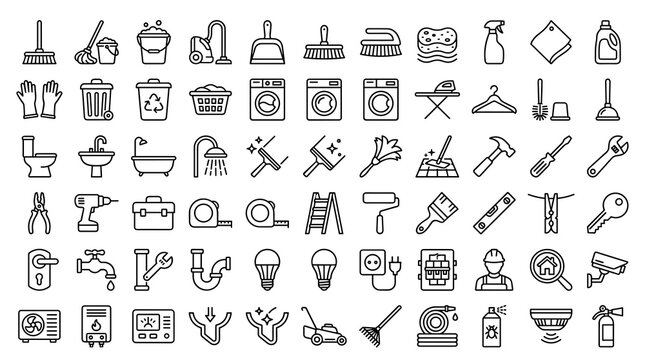Home care cleaning and maintenance linear icon set with editable thin line symbols for household services repair and domestic tasks