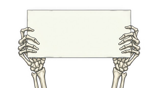 Skeleton hands holding a blank sign, isolated on transparent background