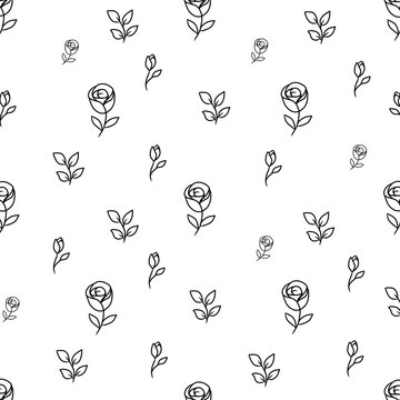 Rose flower seamless pattern background. Floral doodle wallpaper. Hand drawn rose outline vector pattern. Minimalist flower background.