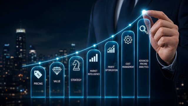 Pricing analytics maturity model rising from basic pricing and value to market intelligence, cost control, and optimization
