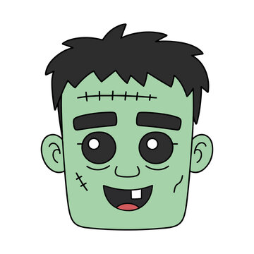 Cute Halloween zombie face vector illustration featuring a smiling green zombie with stitches and a playful expression.