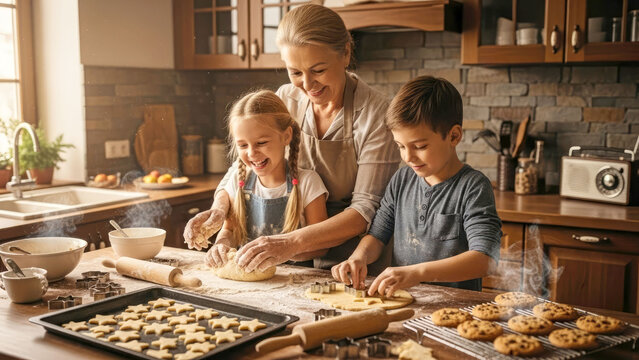 Grandmother baking cookies with grandchildren in cozy home kitchen during family holiday time.