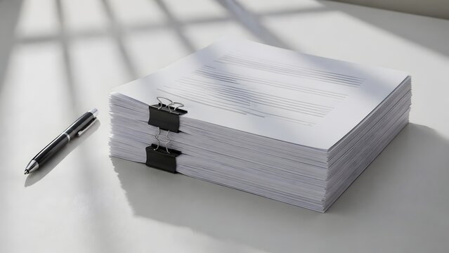 Paperwork backlog with a thick clipped stack of printed documents and pen on a bright office desk for business administration