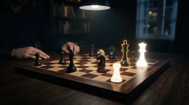 Person playing a game of chess with glowing pieces on a wooden board
