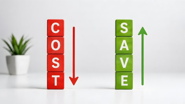 Cost savings comparison with red cost blocks moving down and green save blocks rising toward greater efficiency