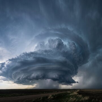 Dramatic supercell thunderstorm with a rotating wall cloud forming over the vast open prairie landscape