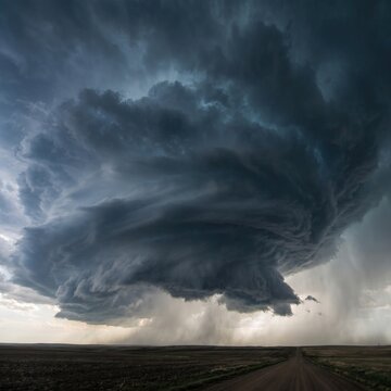 A dramatic supercell thunderstorm with a rotating wall cloud forming over a vast flat prairie landscape