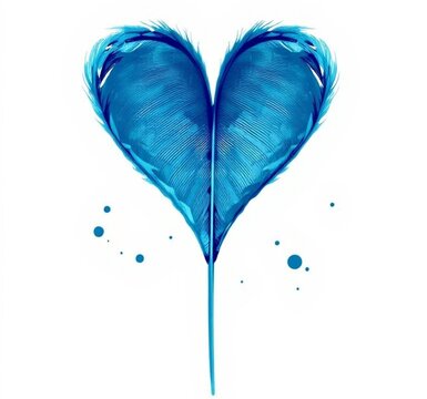 Blue Feather Heart Shape on White Background with Watercolor Splashes Love Symbol