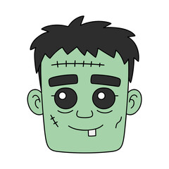 Cute zombie face transparent image featuring a friendly Halloween cartoon monster with stitched forehead, green skin, and a playful expression.