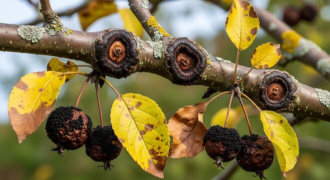 Close up of rotting crabapple fruit on tree branch in autumn with crabapple