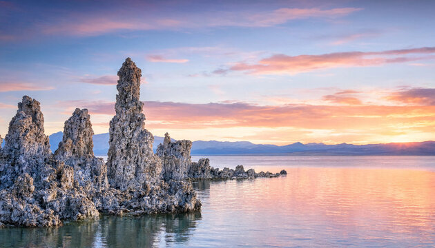 Tufa rock formations rising from lake surface during colorful sunset with clouds and mountains in background formation landscape mountains environment colorful reflection serenity