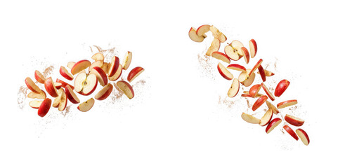 Fototapeta premium Fresh red apple slices floating in the air with cinnamon powder isolated on transparent background