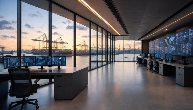 Modern office interior with large overlooking harbor industrial port at sunset interior workspace industrial shipping business corporate architecture logistics container terminal