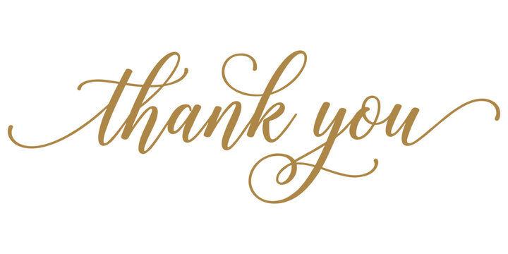 Thank you hand written cursive text and flourish in gold color.