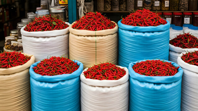 Abundant Piles of Fresh Red Chili Peppers Displayed in Large Woven Sacks at a Traditional Local Market Stall